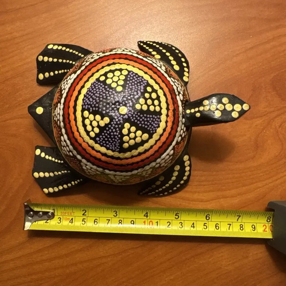 Handmade Hand-Painted Wooden Turtle Figurine Bali Dot Pattern Art -bobble head